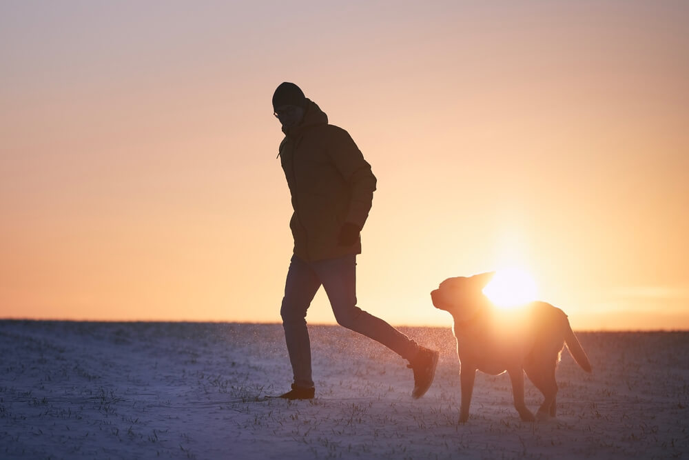 Imagem de um homem caminhando. Um cachorro está com ele.