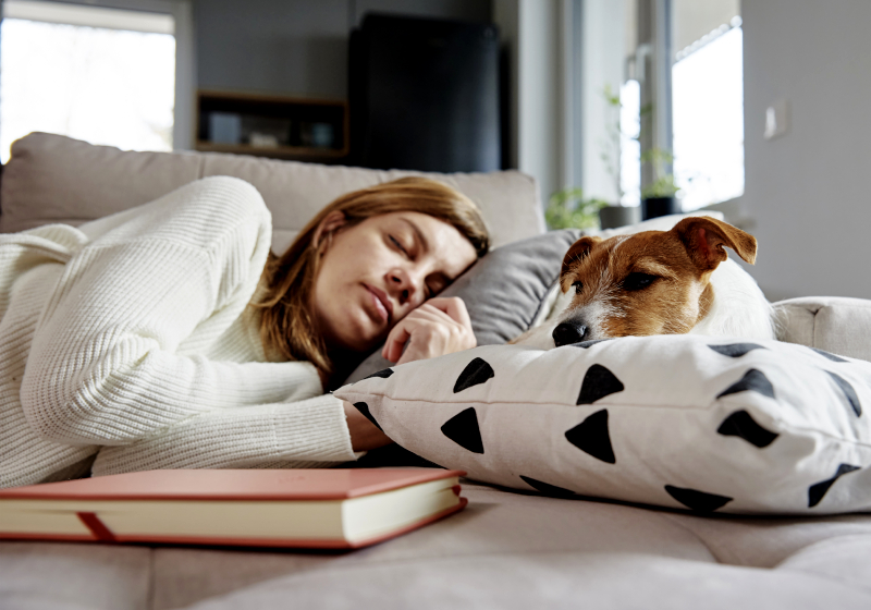 uma mulher deitada em um sofá ao lado de um cachorro