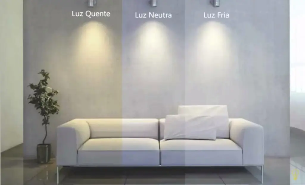 sala com sofá branco, planta e diferentes luzes