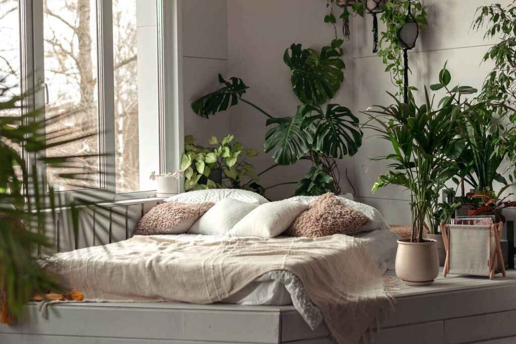 uma cama com travesseiros e plantas em um quarto