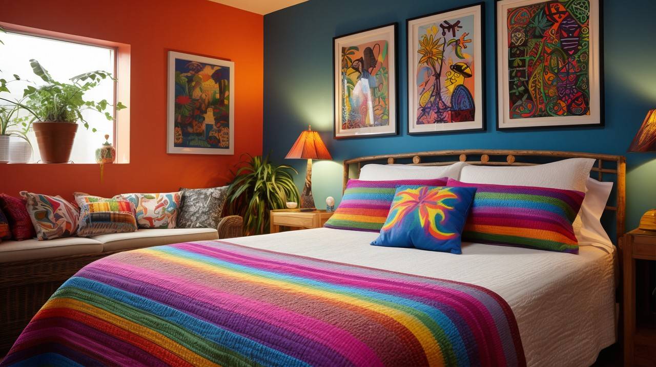 um quarto com cama, sofá e pinturas na parede